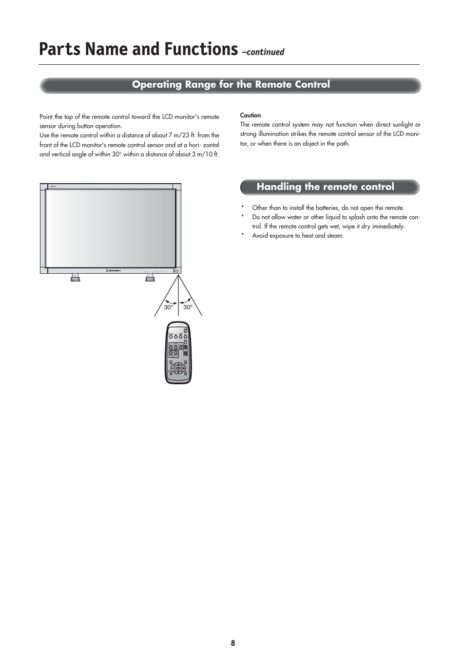 Parts name and functions, Operating range for the remote control, Continued | Handling the remote control | MITSUBISHI ELECTRIC MLM400 User Manual | Page 10 / 37