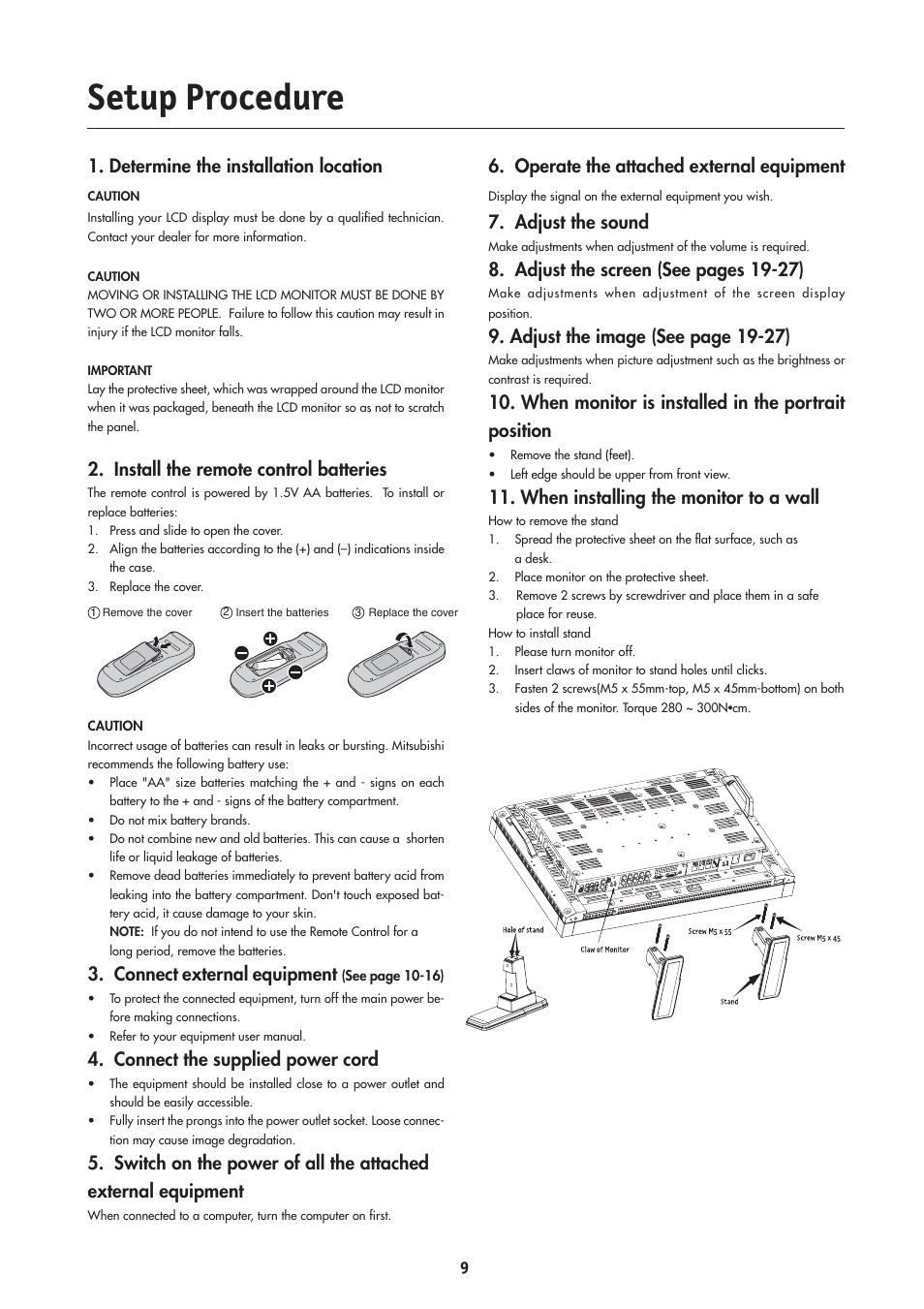 Setup procedure, Determine the installation location, Install the remote control batteries | Connect external equipment, Connect the supplied power cord, Operate the attached external equipment, Adjust the sound, Adjust the screen (see pages 19-27), Adjust the image (see page 19-27), When monitor is installed in the portrait position | MITSUBISHI ELECTRIC MLM400 User Manual | Page 11 / 37