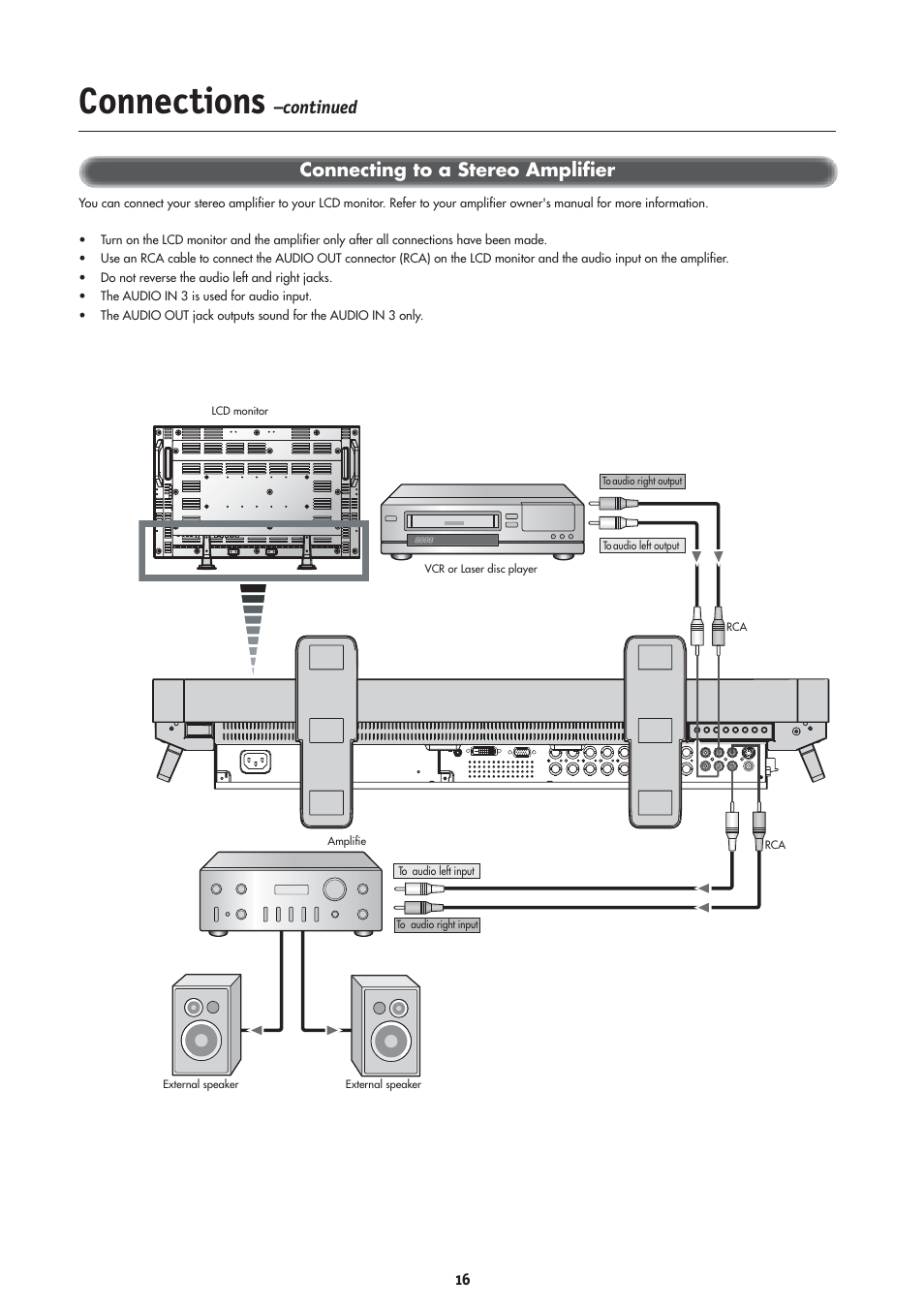 Connections, Connecting to a stereo amplifier, Continued | MITSUBISHI ELECTRIC MLM400 User Manual | Page 18 / 37