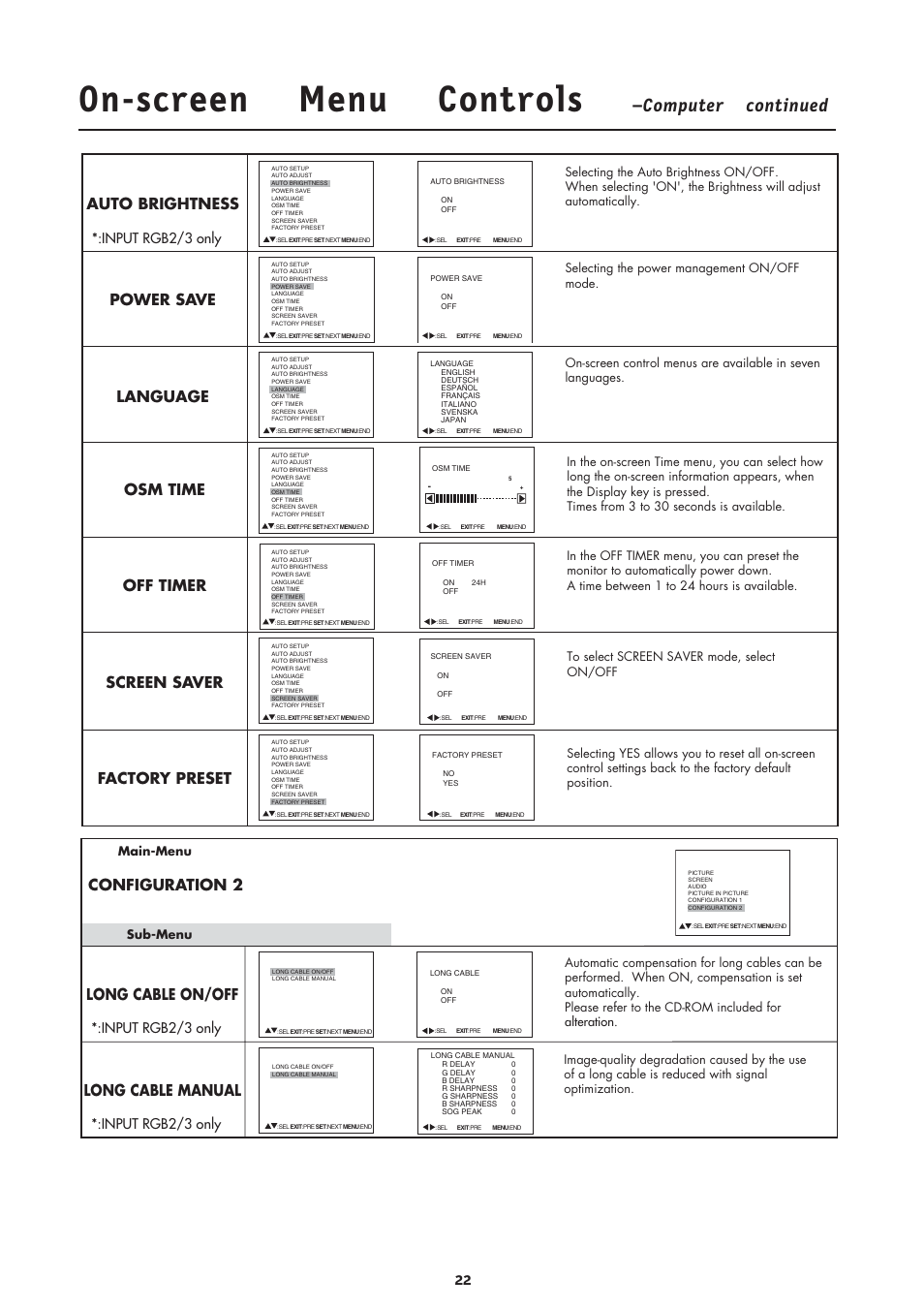 On-screen menu controls, Computer continued, Osm time off timer screen saver factory preset | Auto brightness power save language, Configuration 2, Long cable on/off long cable manual, Input rgb2/3 only | MITSUBISHI ELECTRIC MLM400 User Manual | Page 24 / 37