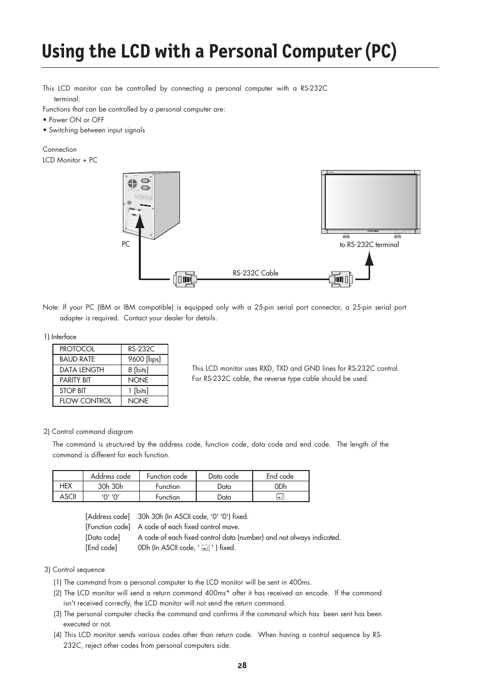 Using the lcd with a personal computer (pc) | MITSUBISHI ELECTRIC MLM400 User Manual | Page 30 / 37