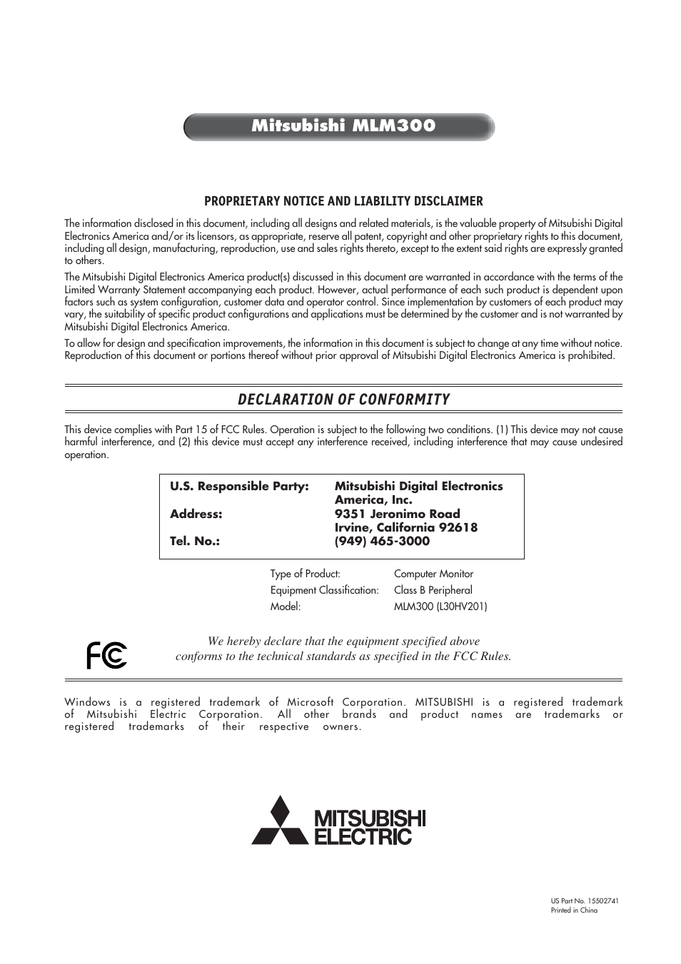 Declaration of conformity, Mitsubishi mlm300 | MITSUBISHI ELECTRIC MLM400 User Manual | Page 37 / 37