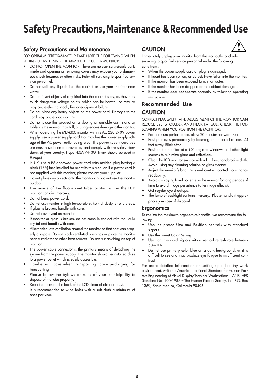 Safety precautions, maintenance & recommended use, Caution, Recommended use caution | Ergonomics, Safety precautions and maintenance | MITSUBISHI ELECTRIC MLM400 User Manual | Page 4 / 37