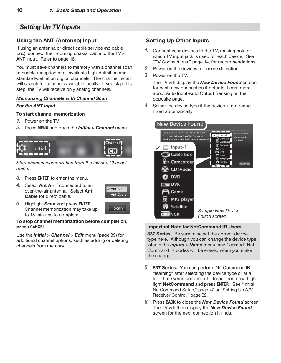 Setting up tv inputs | MITSUBISHI ELECTRIC 737 User Manual | Page 10 / 88