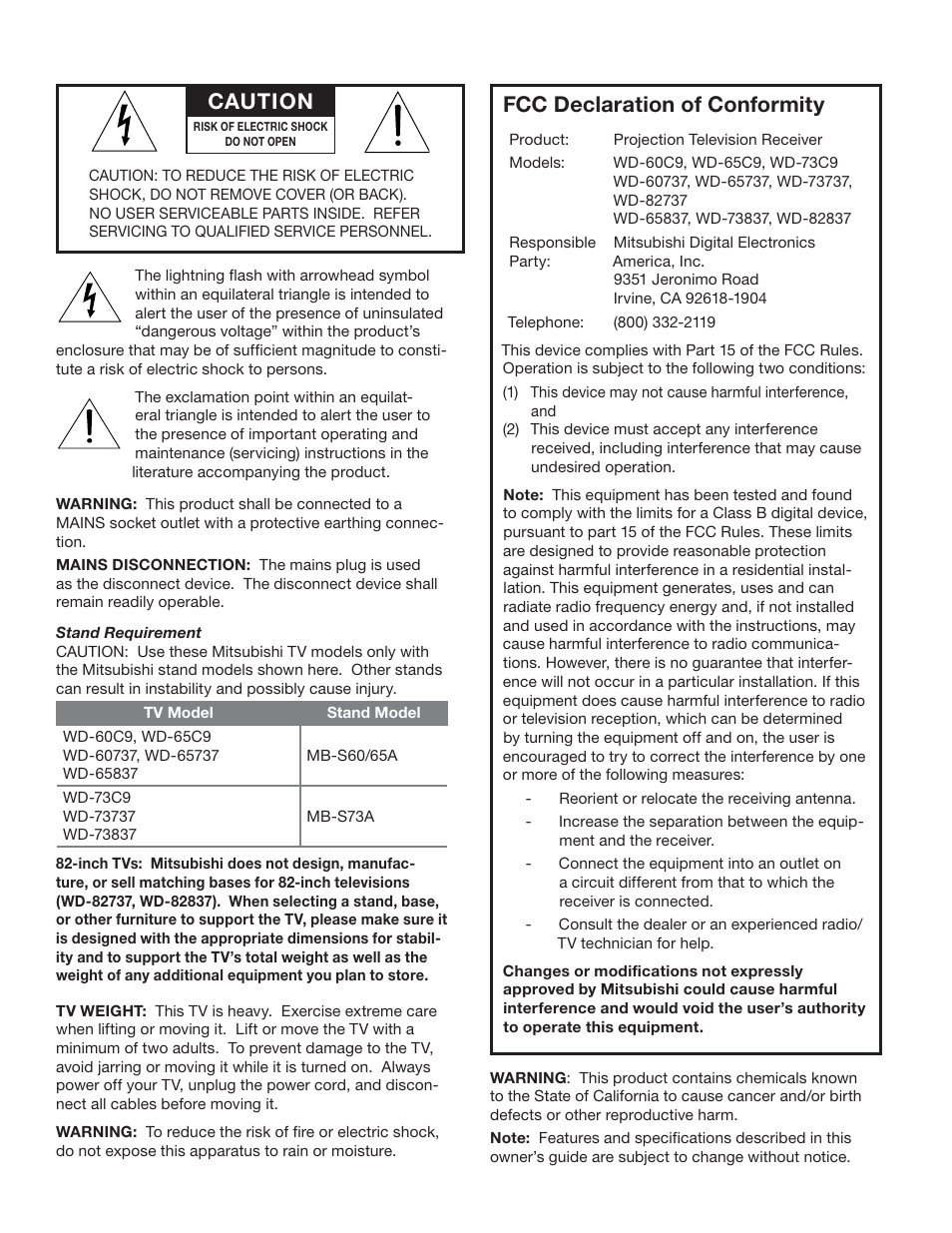 Fcc declaration of conformity, Caution | MITSUBISHI ELECTRIC 737 User Manual | Page 2 / 88