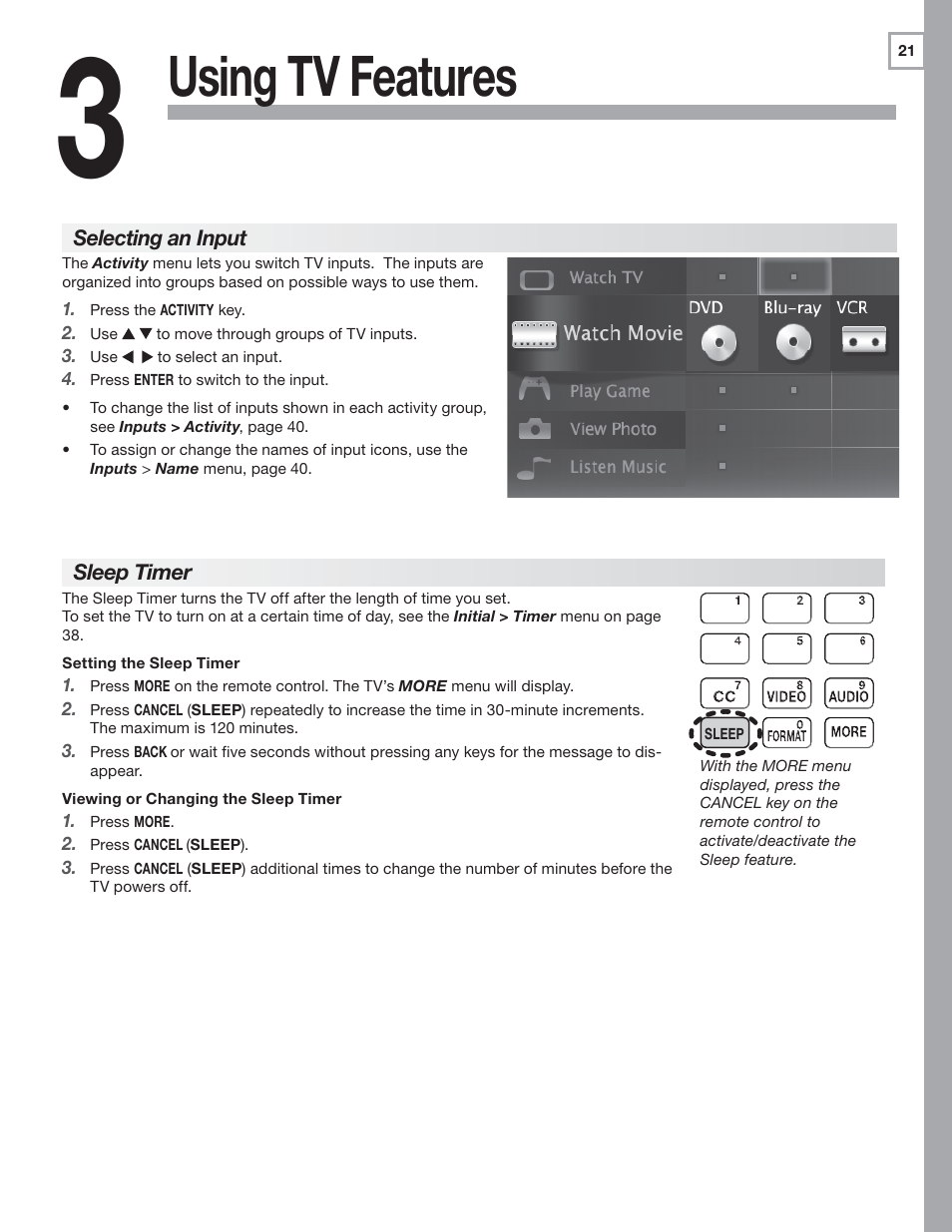 3 using tv features, Selecting an input, Sleep timer | Using tv features | MITSUBISHI ELECTRIC 737 User Manual | Page 21 / 88