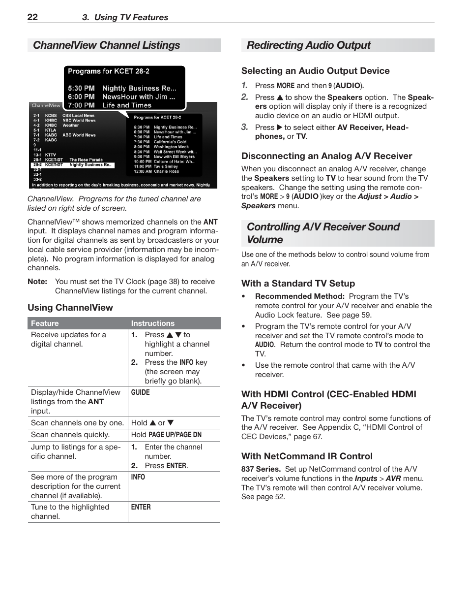 Channelview channel listings, Redirecting audio output, Controlling a/v receiver sound volume | MITSUBISHI ELECTRIC 737 User Manual | Page 22 / 88