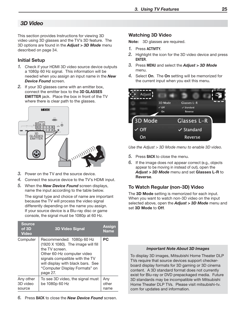 3d video, Initial setup, Watching 3d video | Using tv features | MITSUBISHI ELECTRIC 737 User Manual | Page 25 / 88