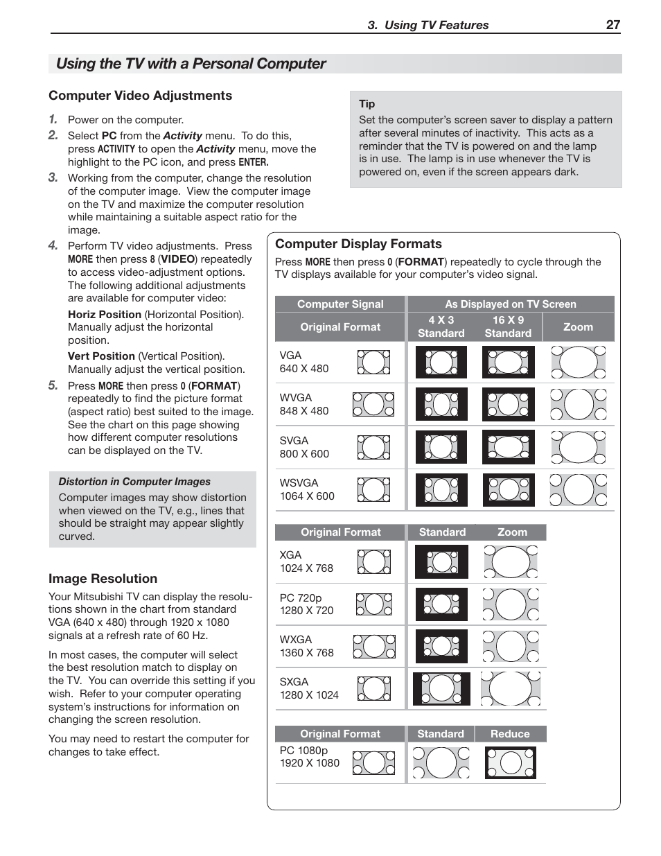 Using the tv with a personal computer | MITSUBISHI ELECTRIC 737 User Manual | Page 27 / 88