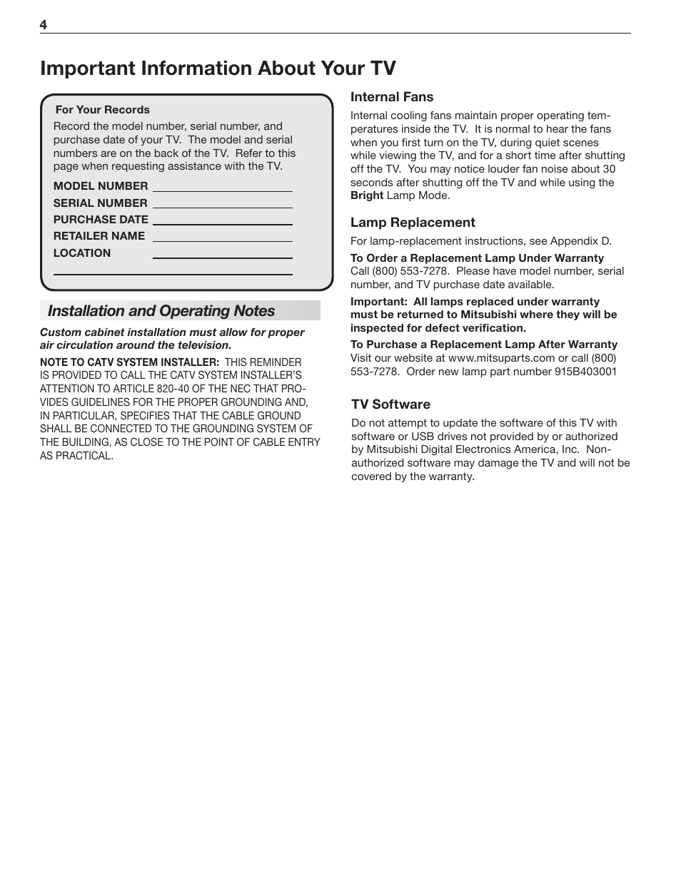 Important information about your tv, Installation and operating notes | MITSUBISHI ELECTRIC 737 User Manual | Page 4 / 88