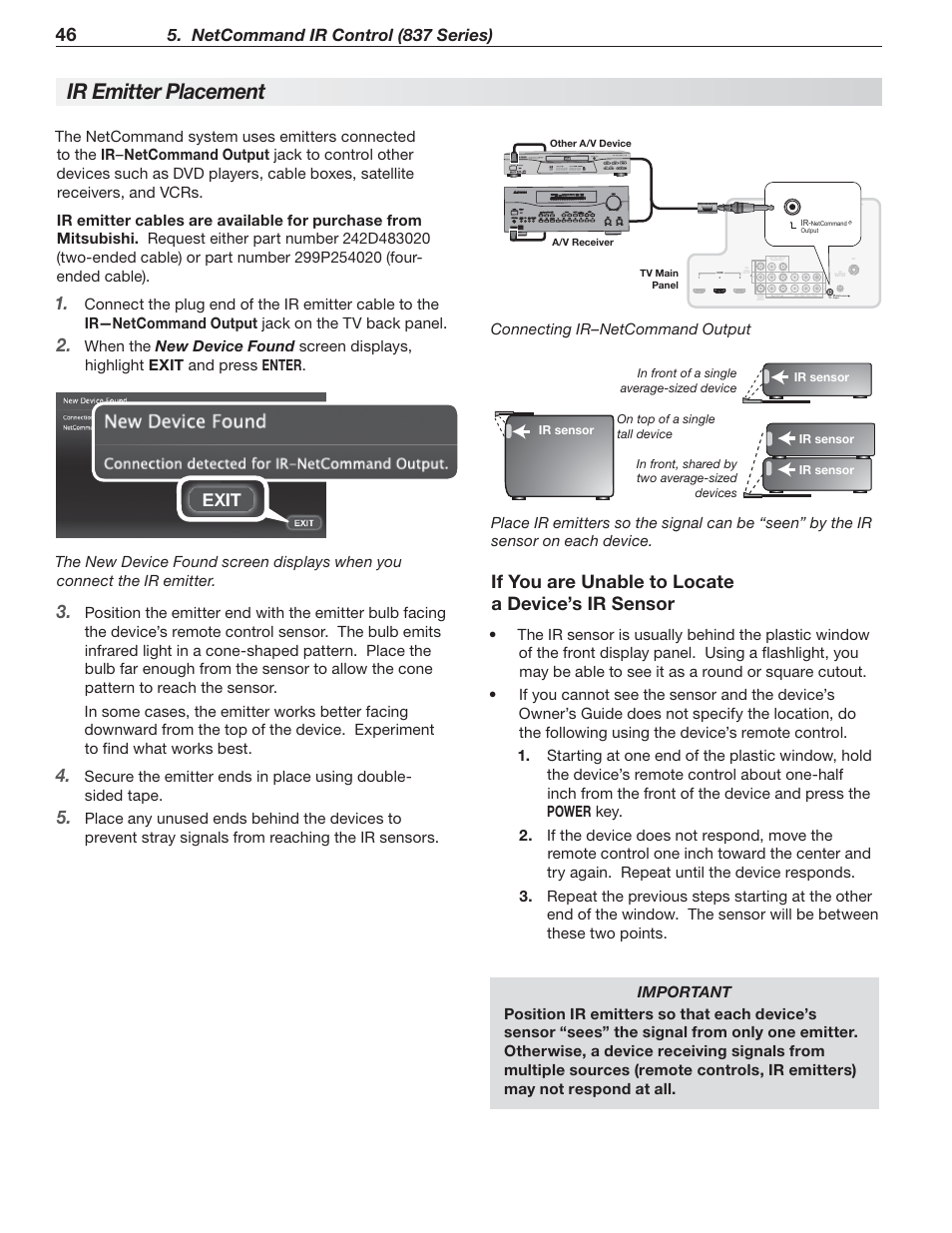 Ir emitter placement, Ir sensor, If you are unable to locate a device’s ir sensor | Netcommand ir control (837 series), Prevent stray signals from reaching the ir sensors | MITSUBISHI ELECTRIC 737 User Manual | Page 46 / 88