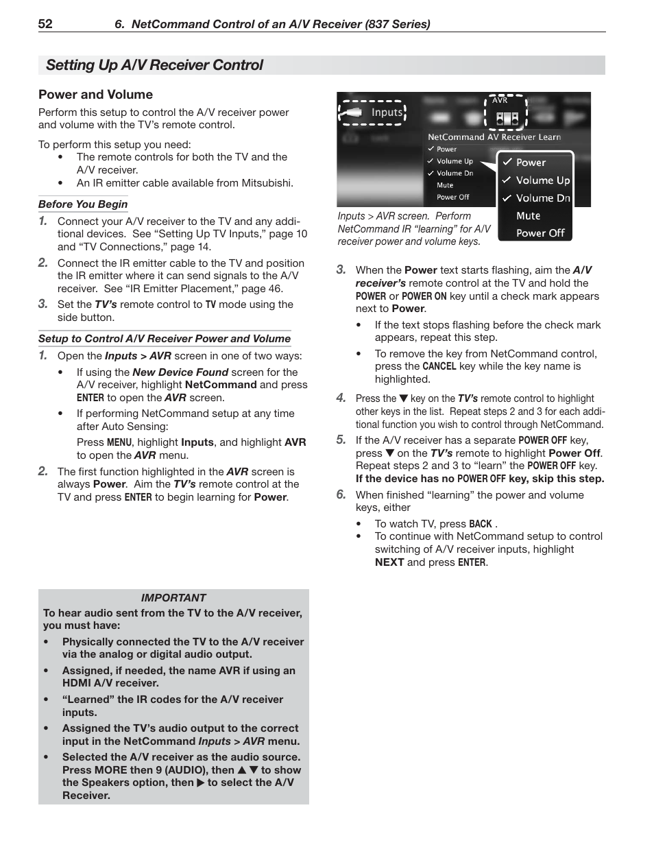 Setting up a/v receiver control, Power and volume | MITSUBISHI ELECTRIC 737 User Manual | Page 52 / 88