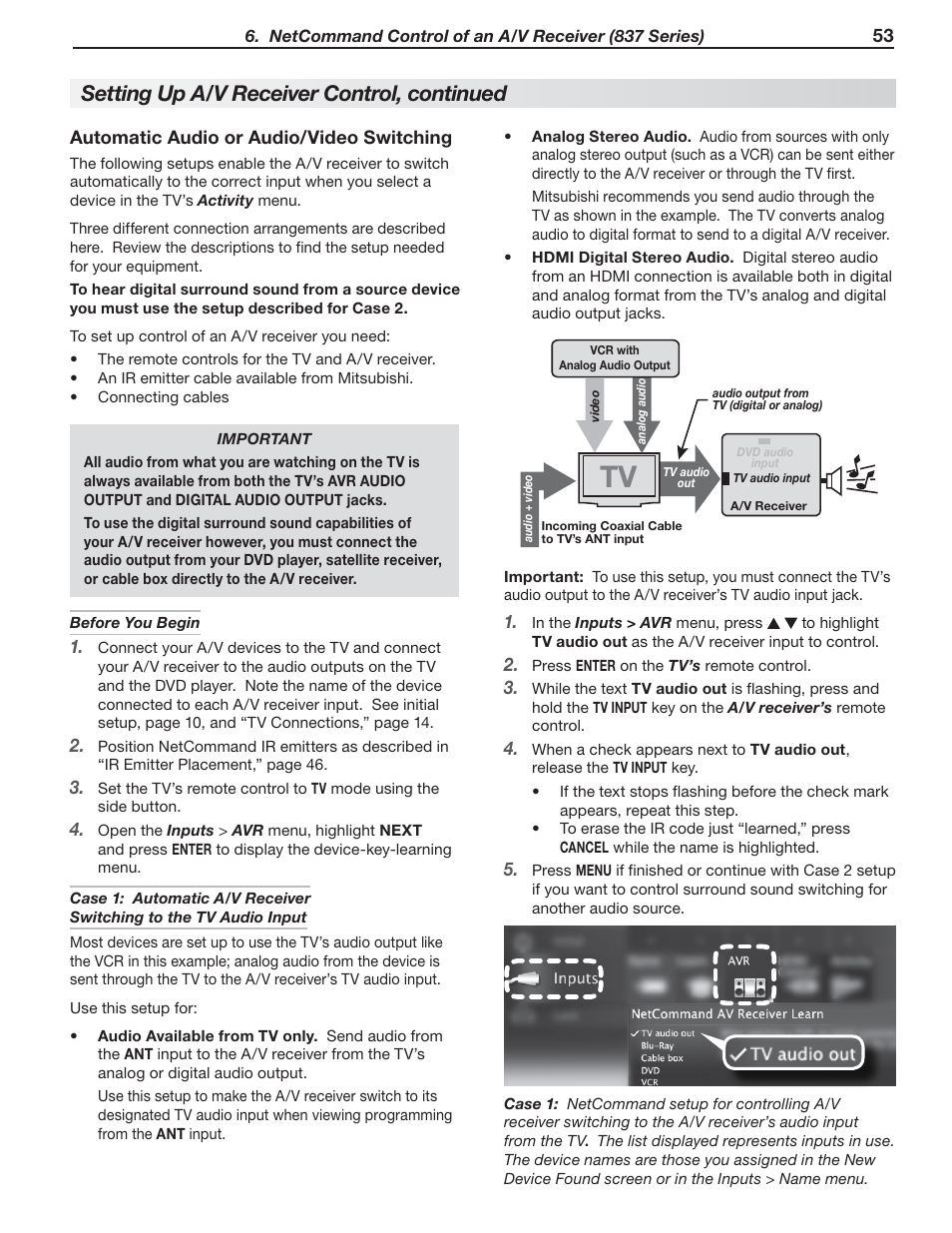 Automatic audio or audio/video switching, Setting up a/v receiver control, continued | MITSUBISHI ELECTRIC 737 User Manual | Page 53 / 88