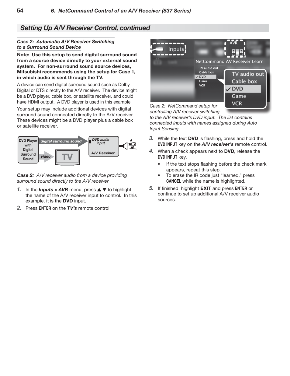Setting up a/v receiver control, continued | MITSUBISHI ELECTRIC 737 User Manual | Page 54 / 88