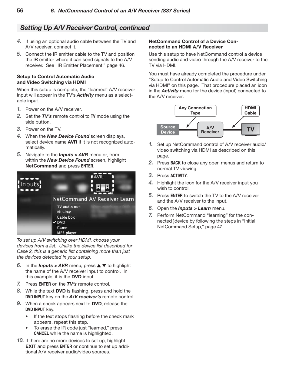 Setting up a/v receiver control, continued | MITSUBISHI ELECTRIC 737 User Manual | Page 56 / 88