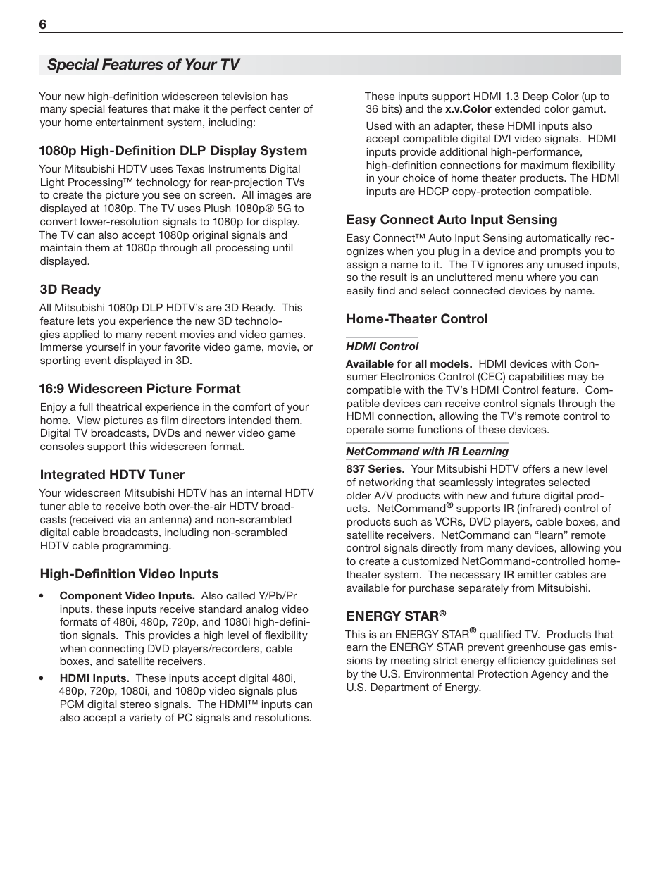 Special features of your tv | MITSUBISHI ELECTRIC 737 User Manual | Page 6 / 88