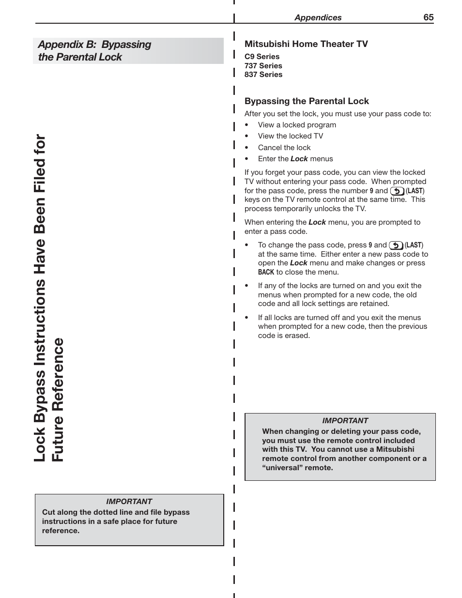 Appendix b: bypassing the parental lock | MITSUBISHI ELECTRIC 737 User Manual | Page 65 / 88