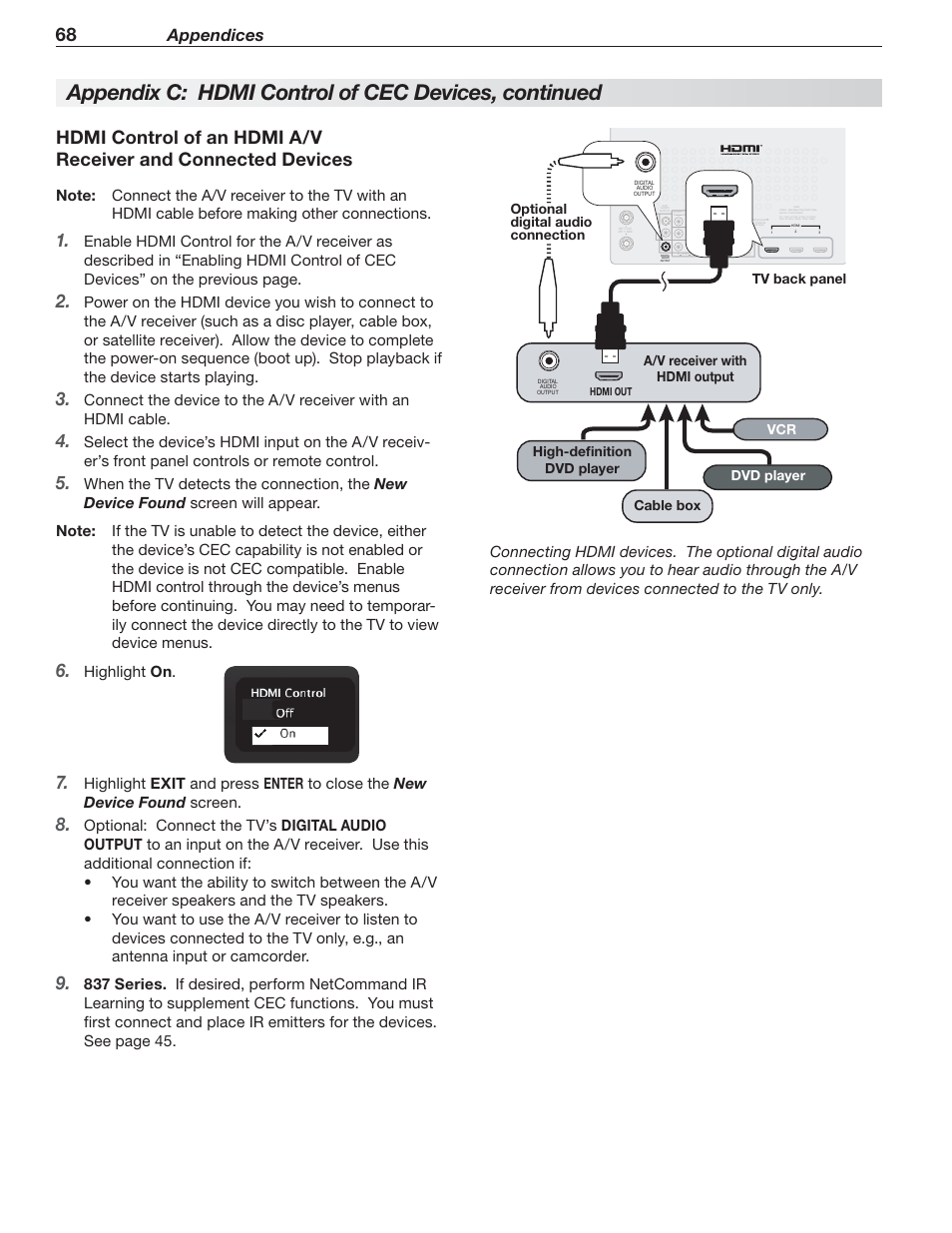 Appendix c: hdmi control of cec devices, continued, Appendices, On . highlight | MITSUBISHI ELECTRIC 737 User Manual | Page 68 / 88