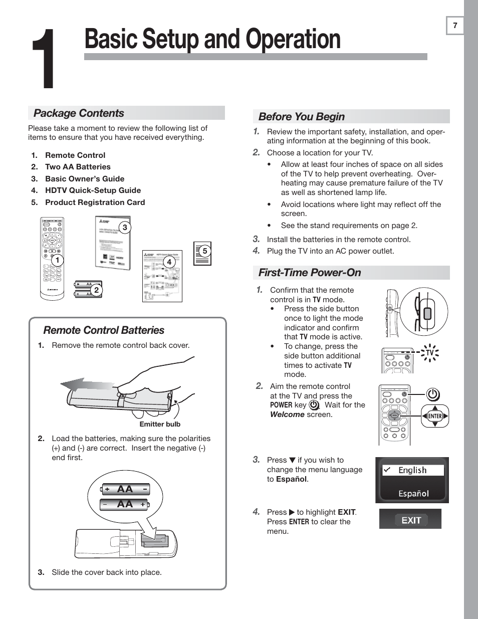 1 basic setup and operation, Package contents, Before you begin | First-time power-on, Basic setup and operation, Remote control batteries | MITSUBISHI ELECTRIC 737 User Manual | Page 7 / 88