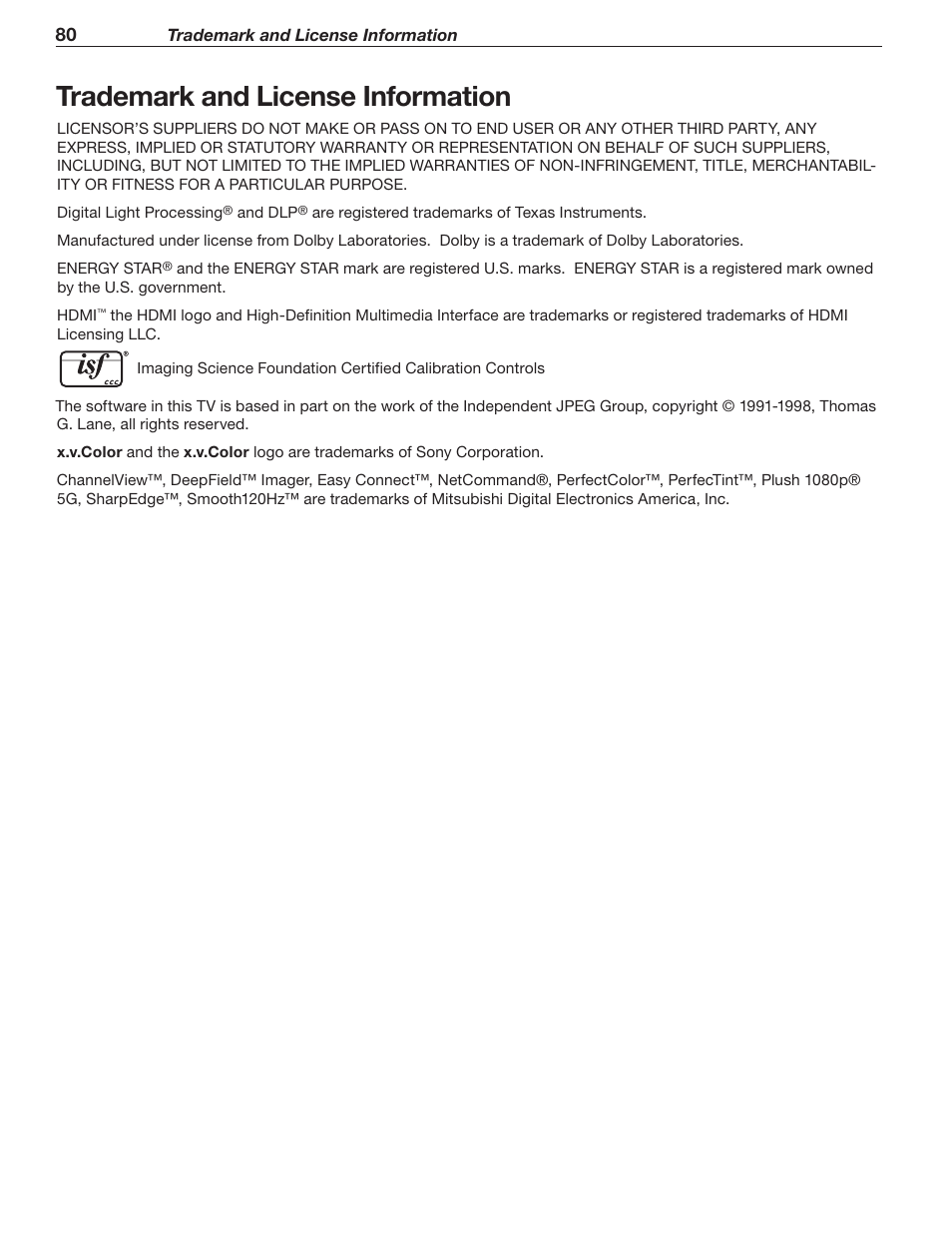 Trademark and license information | MITSUBISHI ELECTRIC 737 User Manual | Page 80 / 88