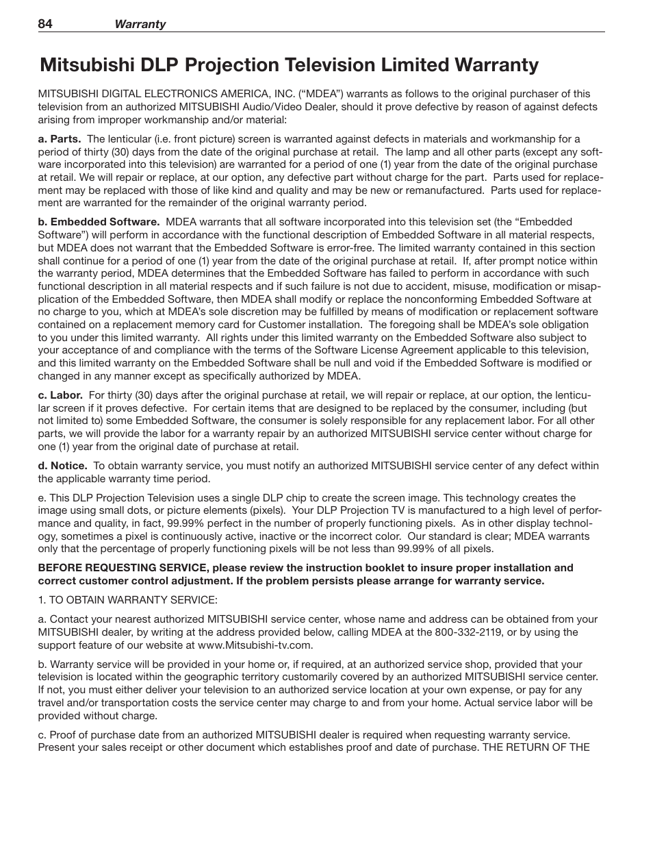 Warranty | MITSUBISHI ELECTRIC 737 User Manual | Page 84 / 88