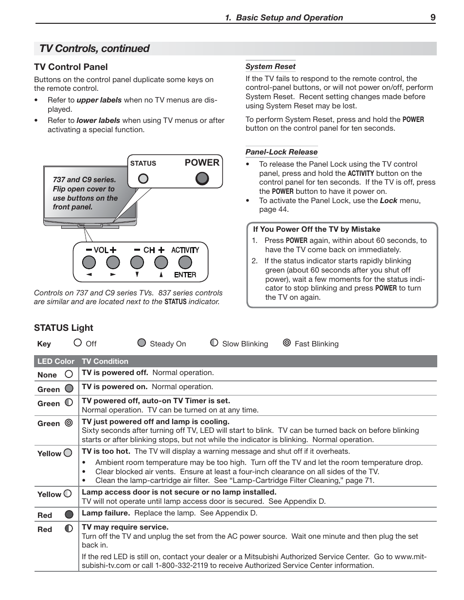 Tv controls, continued | MITSUBISHI ELECTRIC 737 User Manual | Page 9 / 88