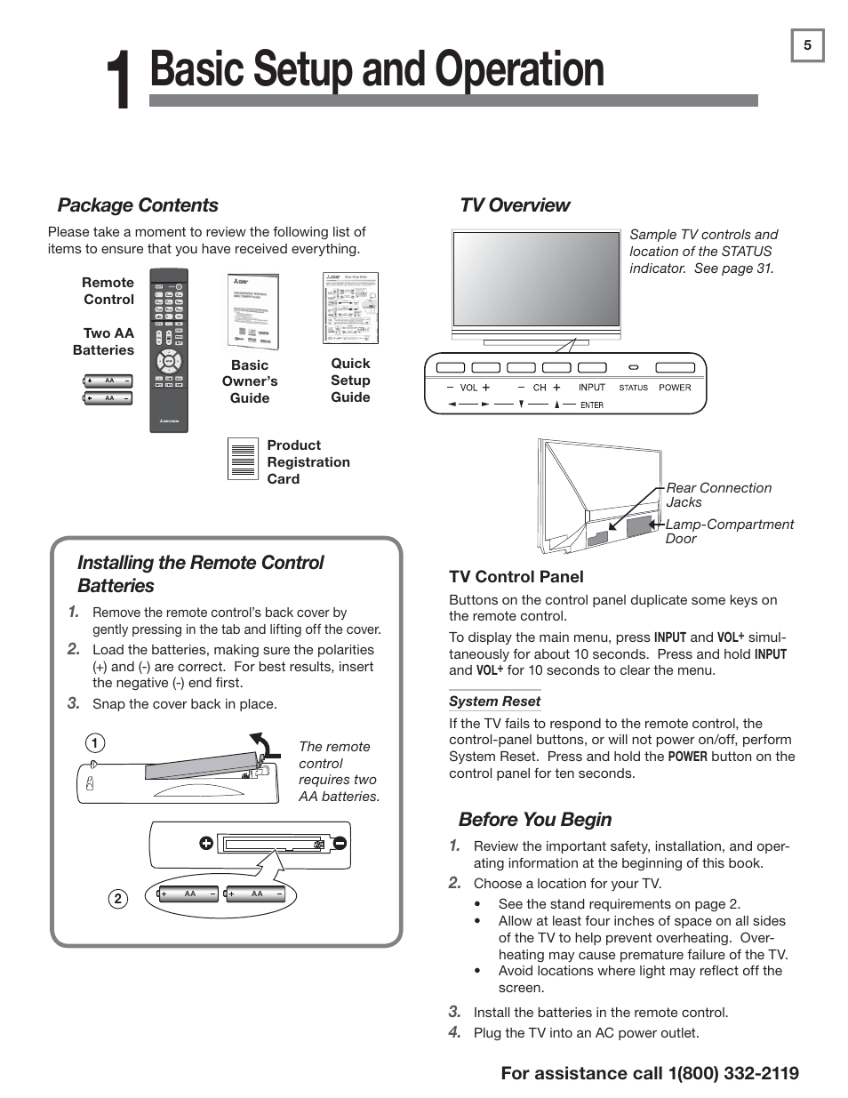 Basic setup and operation | MITSUBISHI ELECTRIC WD-73C11 User Manual | Page 5 / 40