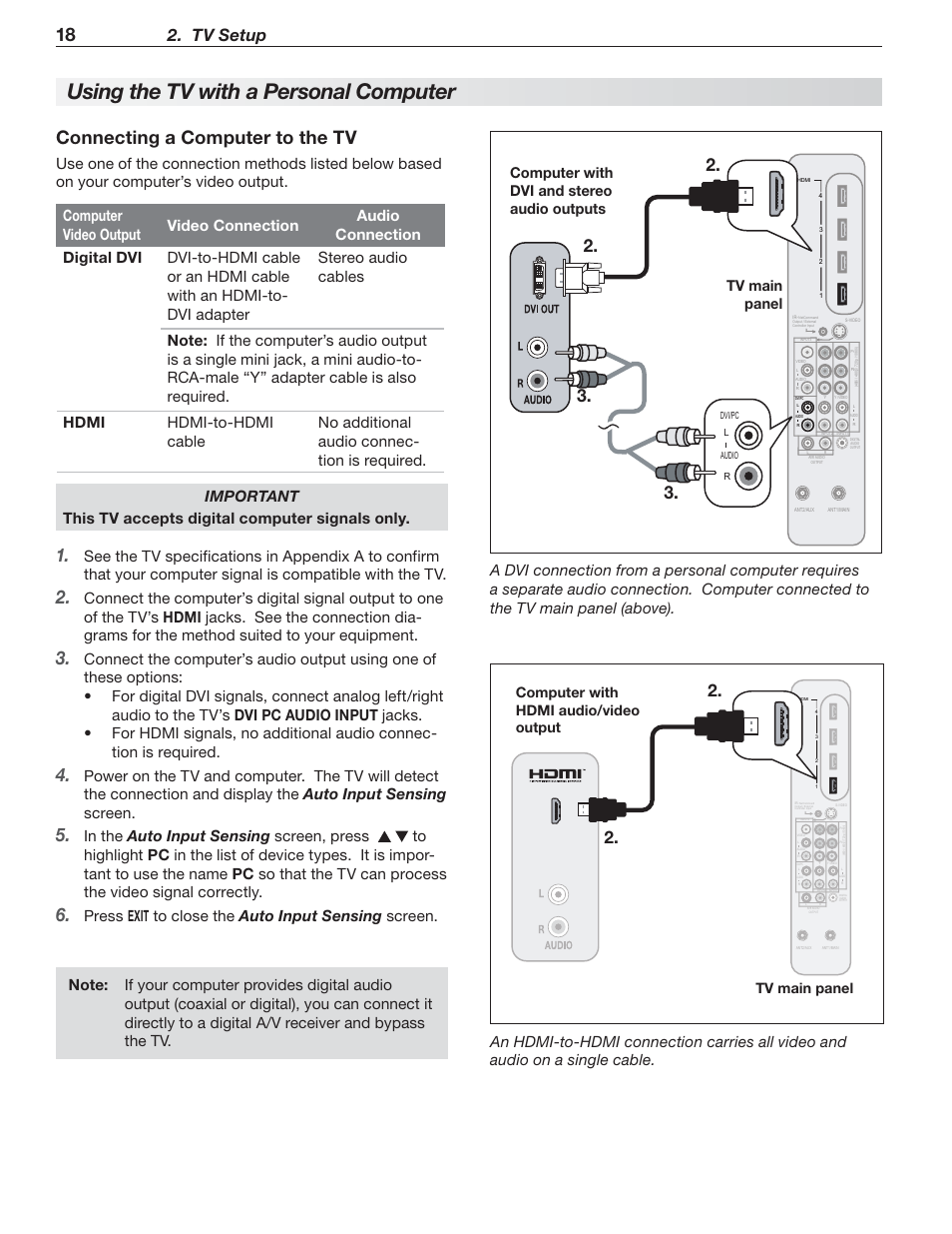 Using the tv with a personal computer, Connecting a computer to the tv, Tv setup | Exit to close the auto input sensing screen | MITSUBISHI ELECTRIC 148 Series User Manual | Page 18 / 96