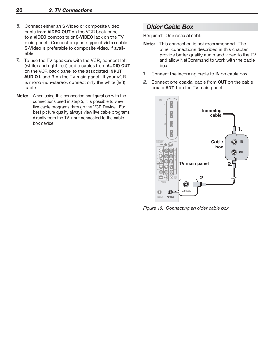 Older cable box, Tv connections, Connect either an s-video or composite video | Out on the cable box to ant 1 on the tv main panel, Cable box tv main panel | MITSUBISHI ELECTRIC 148 Series User Manual | Page 26 / 96