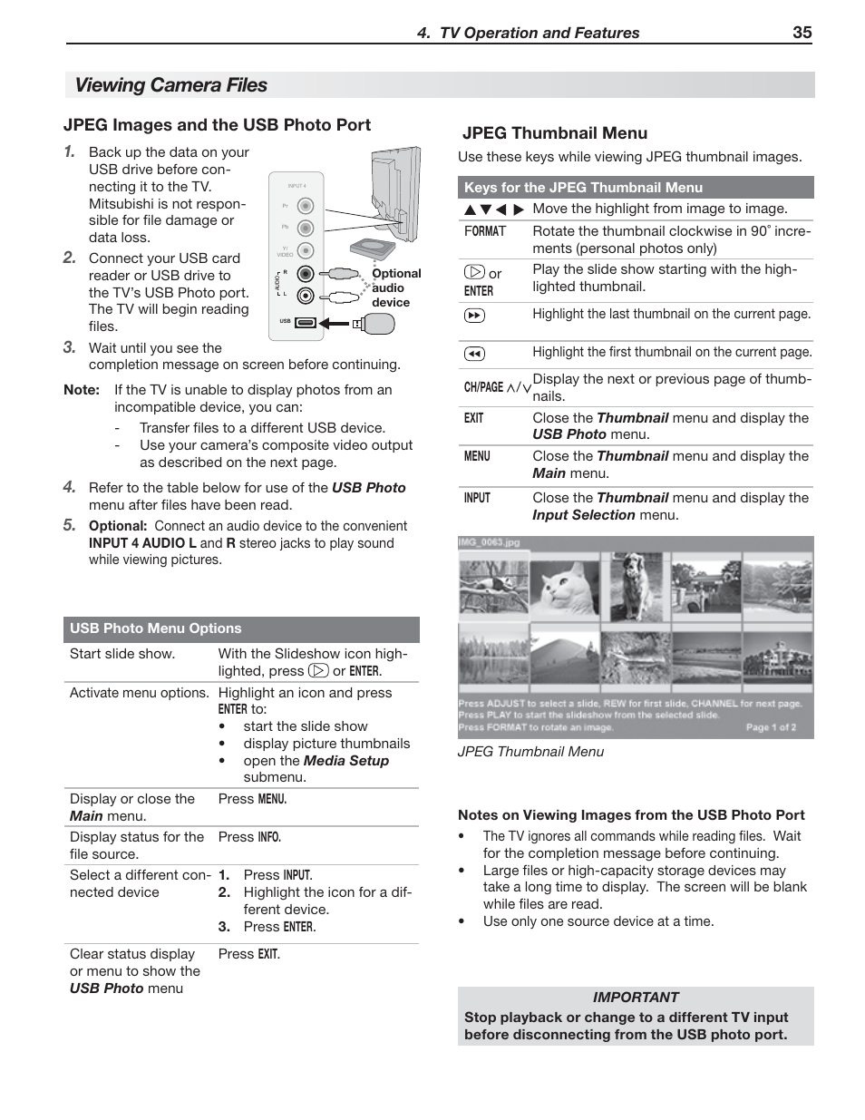 Viewing camera files, Jpeg images and the usb photo port, Jpeg thumbnail menu | MITSUBISHI ELECTRIC 148 Series User Manual | Page 35 / 96