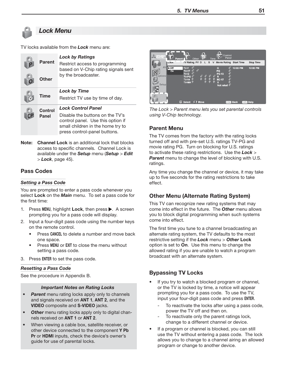 Lock menu, Pass codes, Parent menu | Other menu (alternate rating system), Bypassing tv locks | MITSUBISHI ELECTRIC 148 Series User Manual | Page 51 / 96