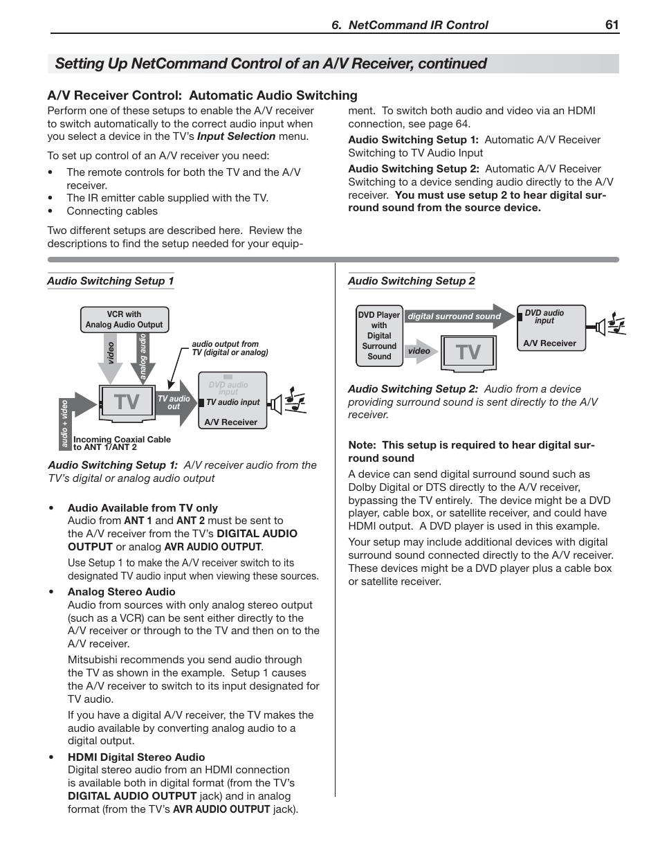 A/v receiver control: automatic audio switching | MITSUBISHI ELECTRIC 148 Series User Manual | Page 61 / 96