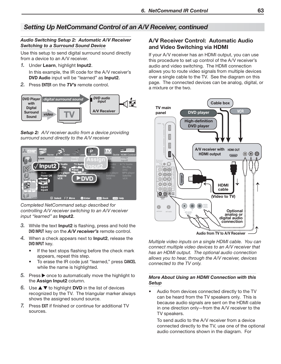 Netcommand ir control, Enter on the tv’s remote control | MITSUBISHI ELECTRIC 148 Series User Manual | Page 63 / 96