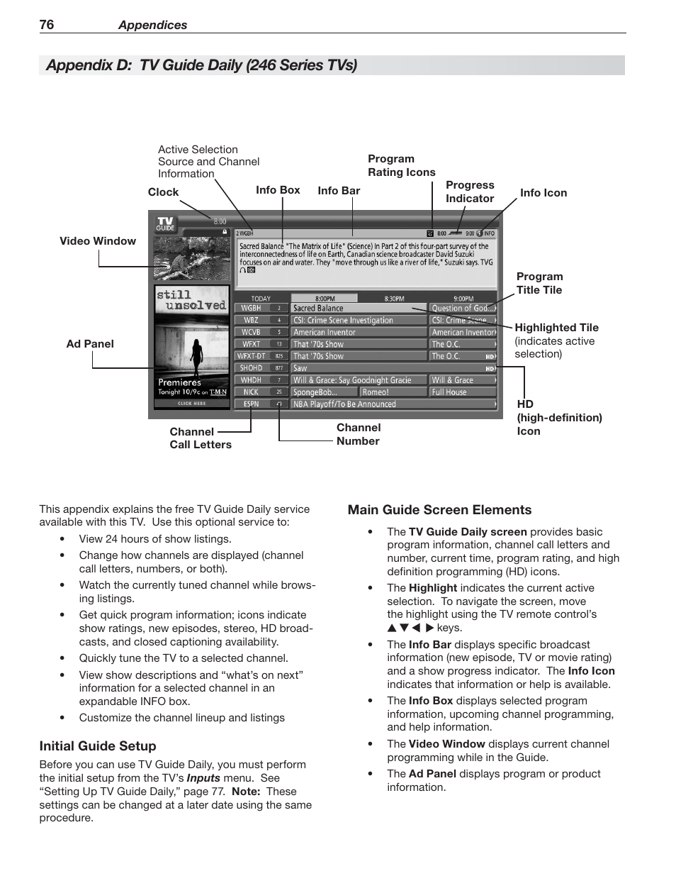 Appendix d: tv guide daily (246 series tvs) | MITSUBISHI ELECTRIC 148 Series User Manual | Page 76 / 96