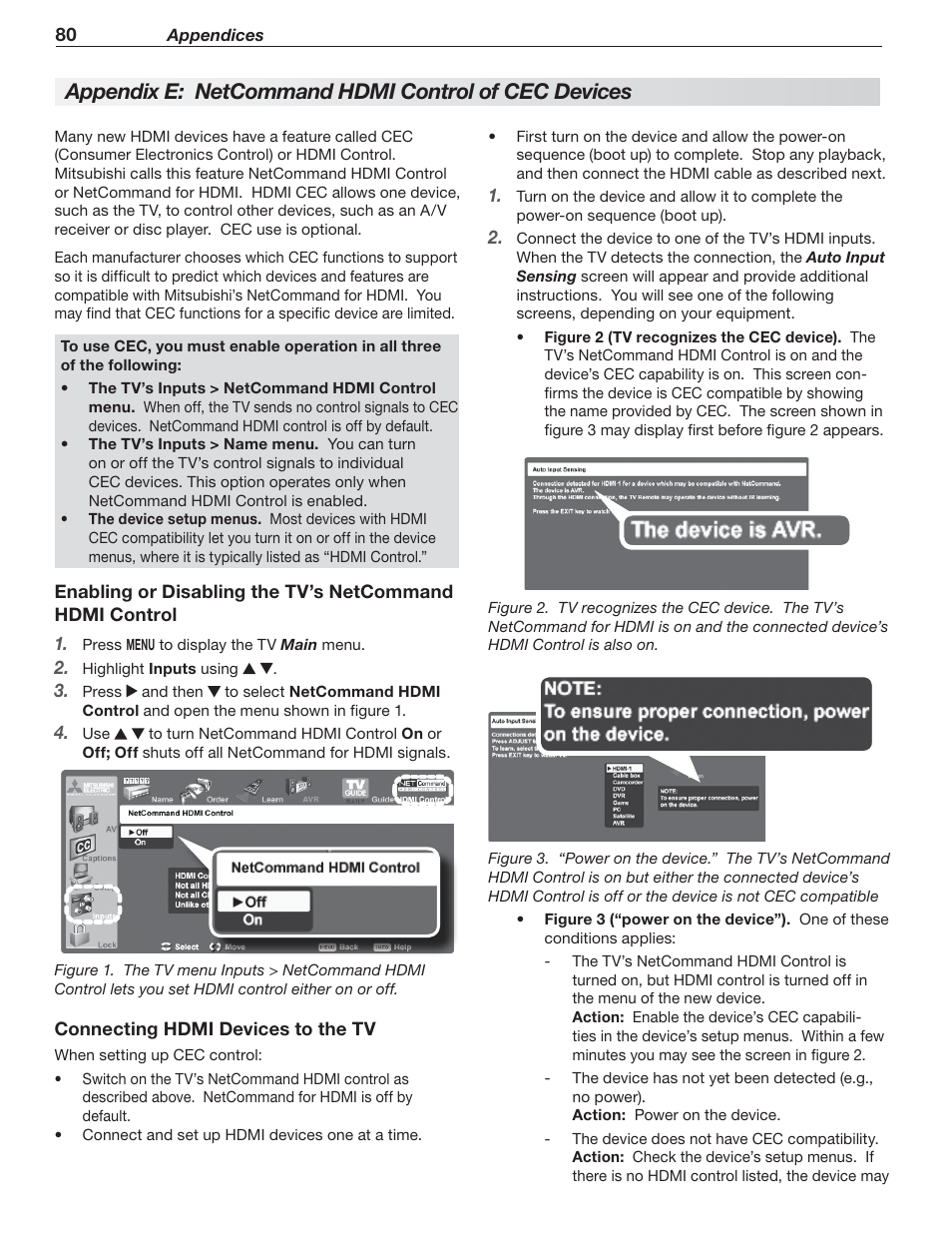 Appendix e: netcommand hdmi control of cec devices | MITSUBISHI ELECTRIC 148 Series User Manual | Page 80 / 96