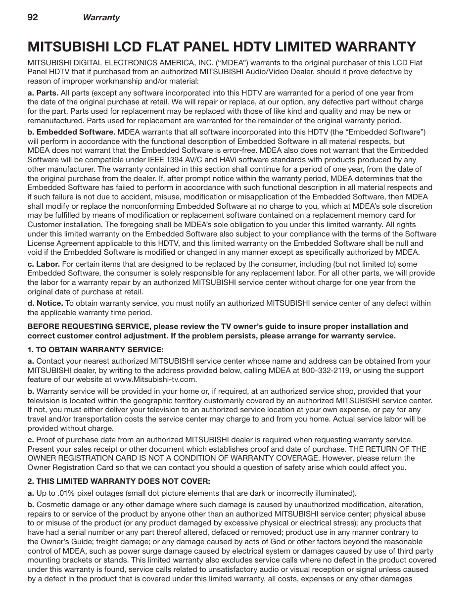 Warranty, Mitsubishi lcd flat panel hdtv limited warranty | MITSUBISHI ELECTRIC 148 Series User Manual | Page 92 / 96