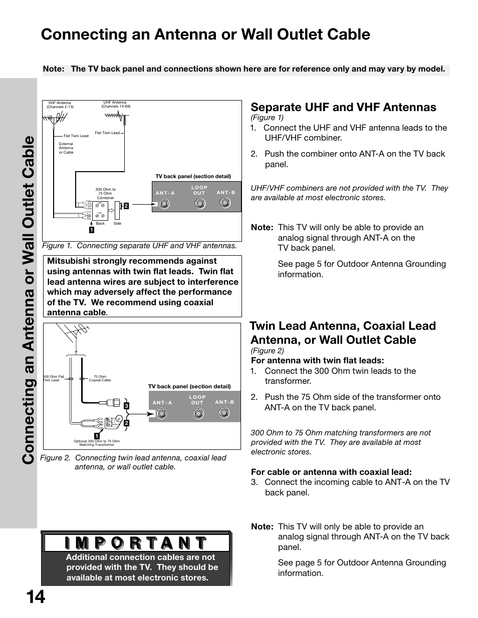 Connecting an antenna or wall outlet cable, Separate uhf and vhf antennas | MITSUBISHI ELECTRIC WS-65315 User Manual | Page 14 / 76