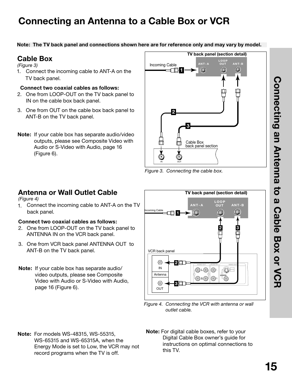 Connecting an antenna to a cable box or vcr, Cable box, Antenna or wall outlet cable | MITSUBISHI ELECTRIC WS-65315 User Manual | Page 15 / 76