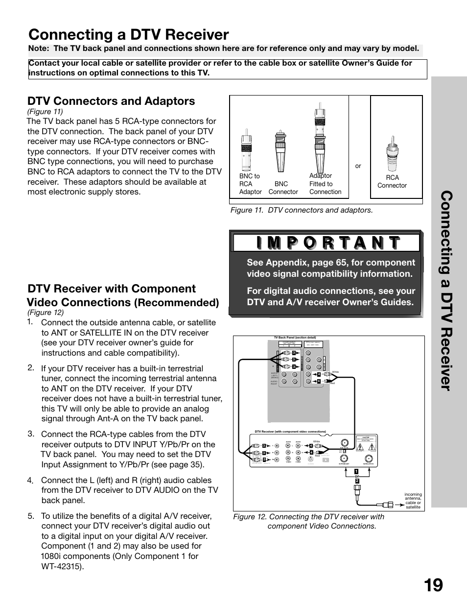 Connecting a dtv receiver, Dtv connectors and adaptors, Dtv receiver with component video connections | Recommended), Figure 11), Figure 12) | MITSUBISHI ELECTRIC WS-65315 User Manual | Page 19 / 76