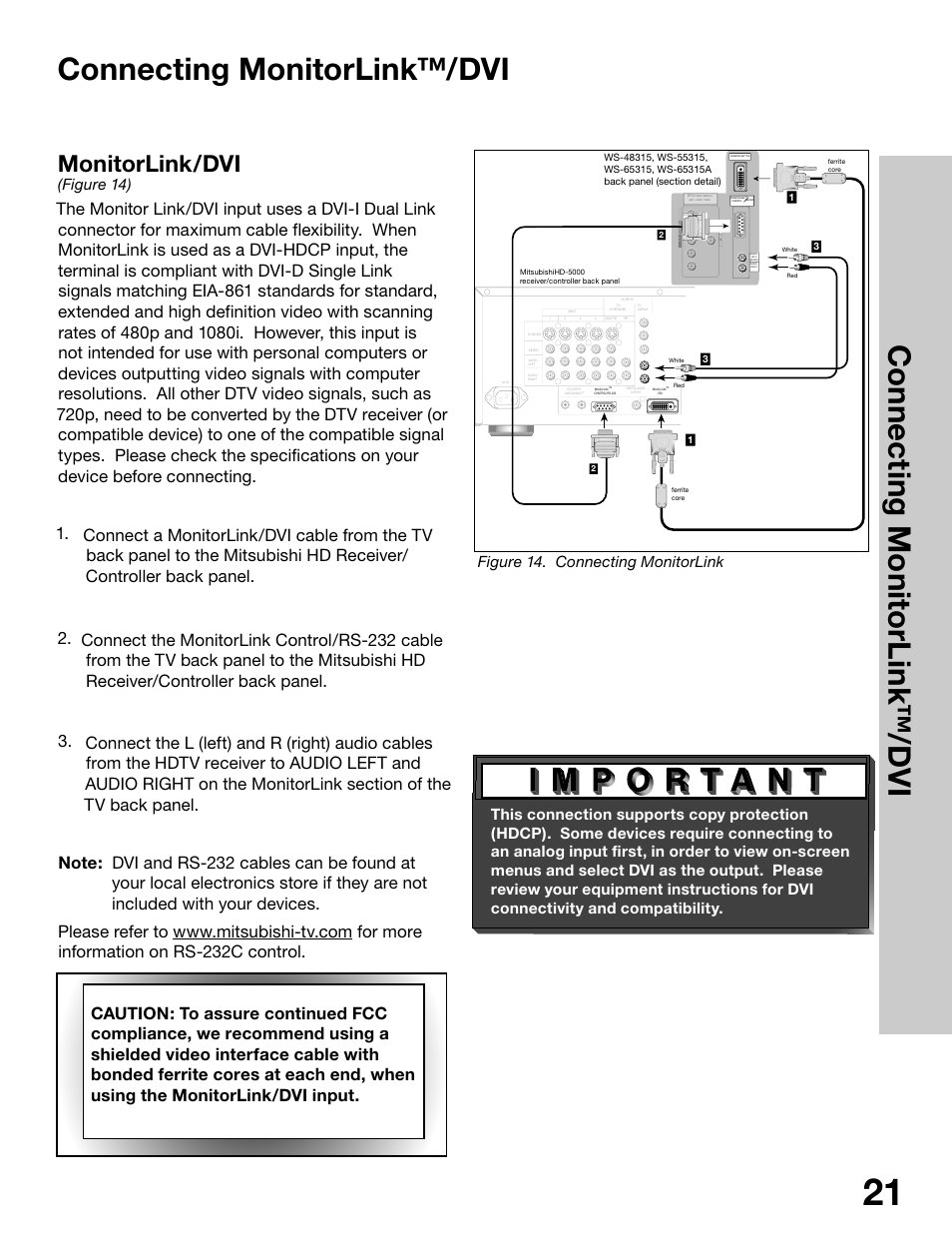 Connecting monitorlink™/dvi, Monitorlink/dvi | MITSUBISHI ELECTRIC WS-65315 User Manual | Page 21 / 76