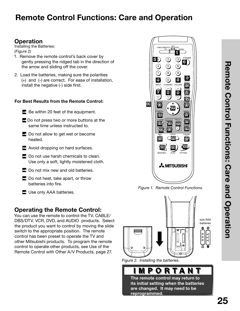 Remote control functions: care and operation, Operation, Operating the remote control | MITSUBISHI ELECTRIC WS-65315 User Manual | Page 25 / 76