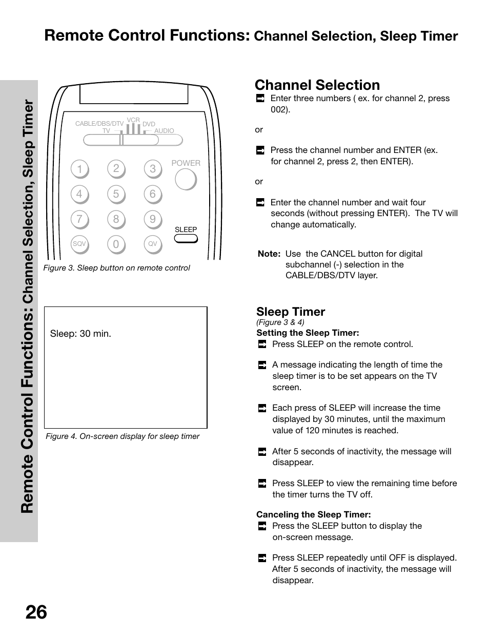 Remote control functions, Channel selection, Channel selection, sleep timer | Ch an n el s el ec ti o n , s le ep t im er | MITSUBISHI ELECTRIC WS-65315 User Manual | Page 26 / 76