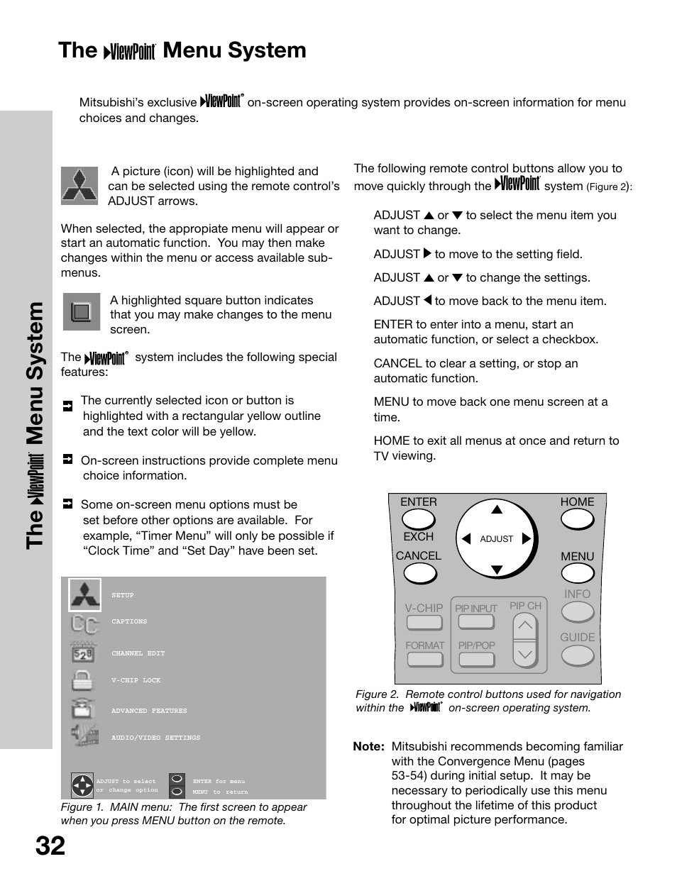 The menu system, Th e m en u s ys te m | MITSUBISHI ELECTRIC WS-65315 User Manual | Page 32 / 76