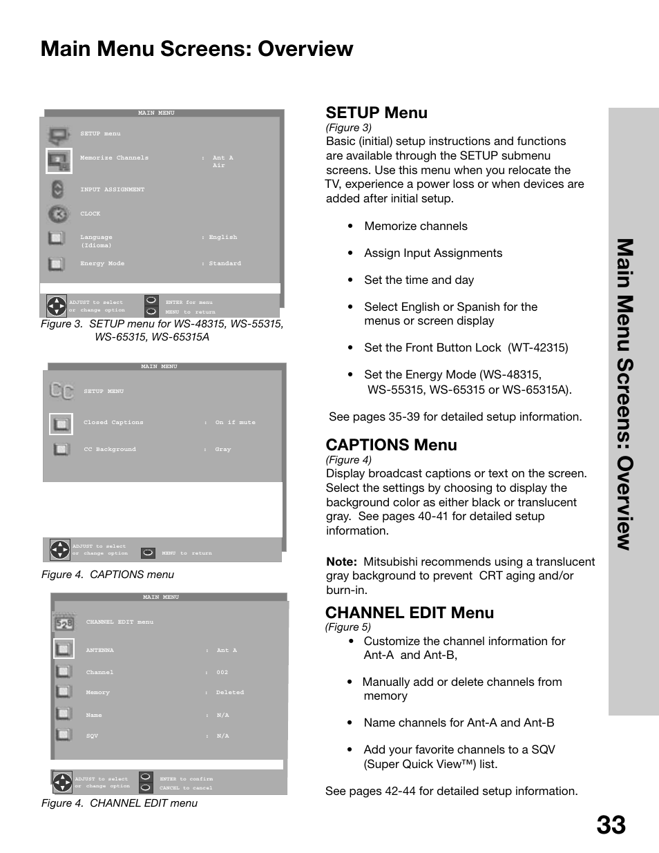 Main menu screens: overview, Main m en u s cr ee n s: o ve rv ie w, Setup menu | Captions menu, Channel edit menu | MITSUBISHI ELECTRIC WS-65315 User Manual | Page 33 / 76