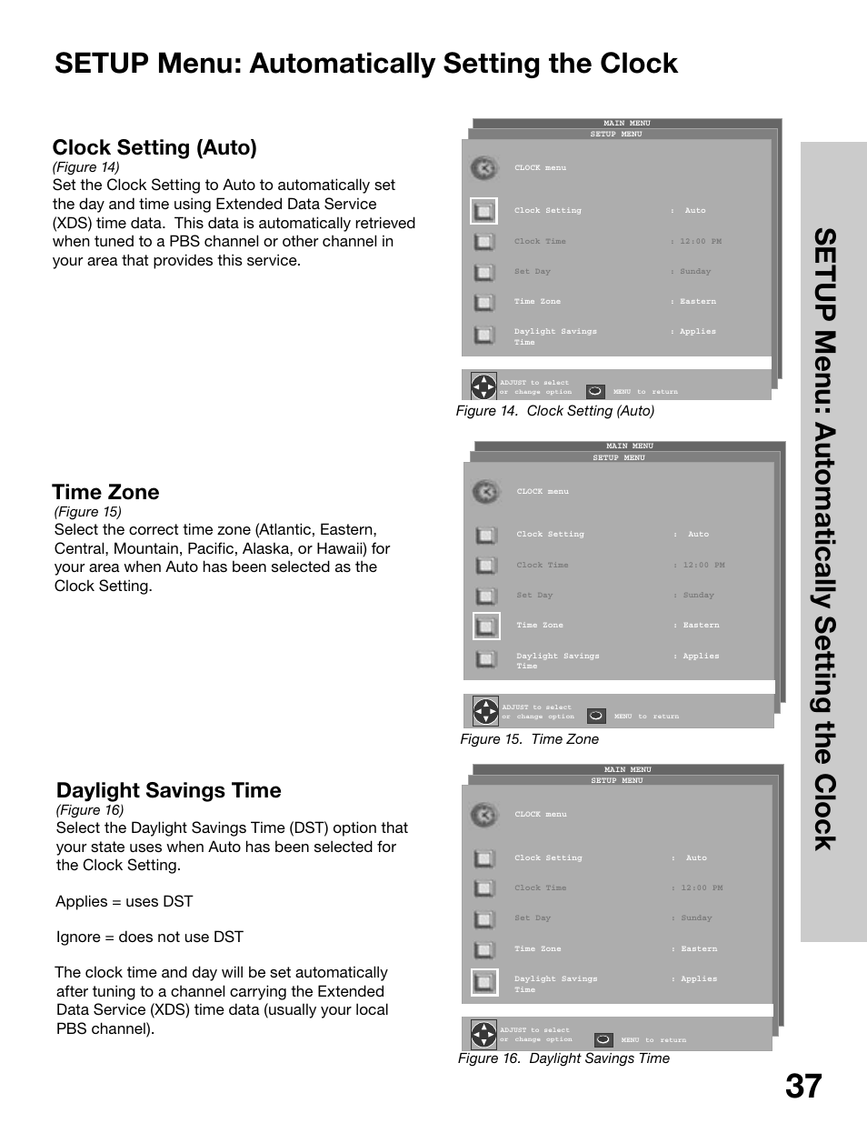 Setup menu: automatically setting the clock, Clock setting (auto), Time zone | Daylight savings time | MITSUBISHI ELECTRIC WS-65315 User Manual | Page 37 / 76