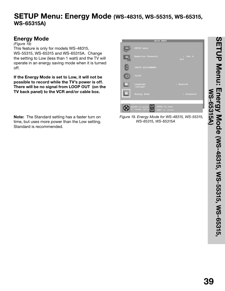 Setup menu: energy mode | MITSUBISHI ELECTRIC WS-65315 User Manual | Page 39 / 76