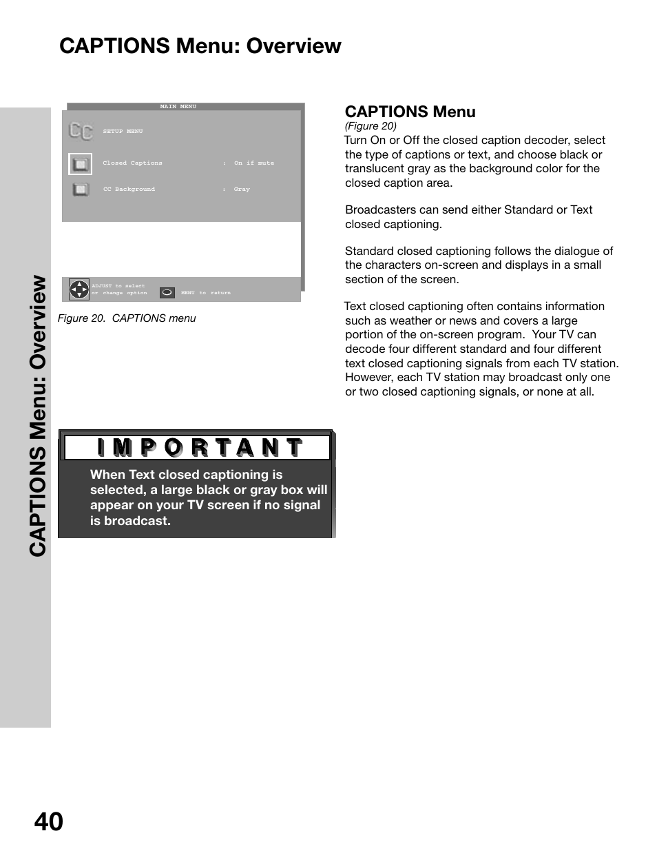 Captions menu: overview, Ca p t ion s m en u : o ve rv ie w | MITSUBISHI ELECTRIC WS-65315 User Manual | Page 40 / 76