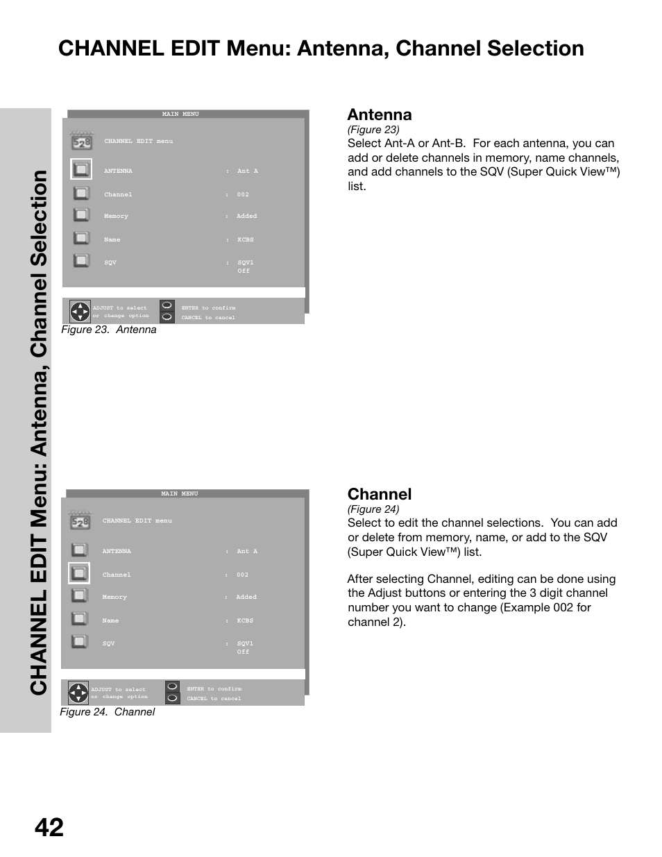 Channel edit menu: antenna, channel selection, Antenna, Channel | MITSUBISHI ELECTRIC WS-65315 User Manual | Page 42 / 76