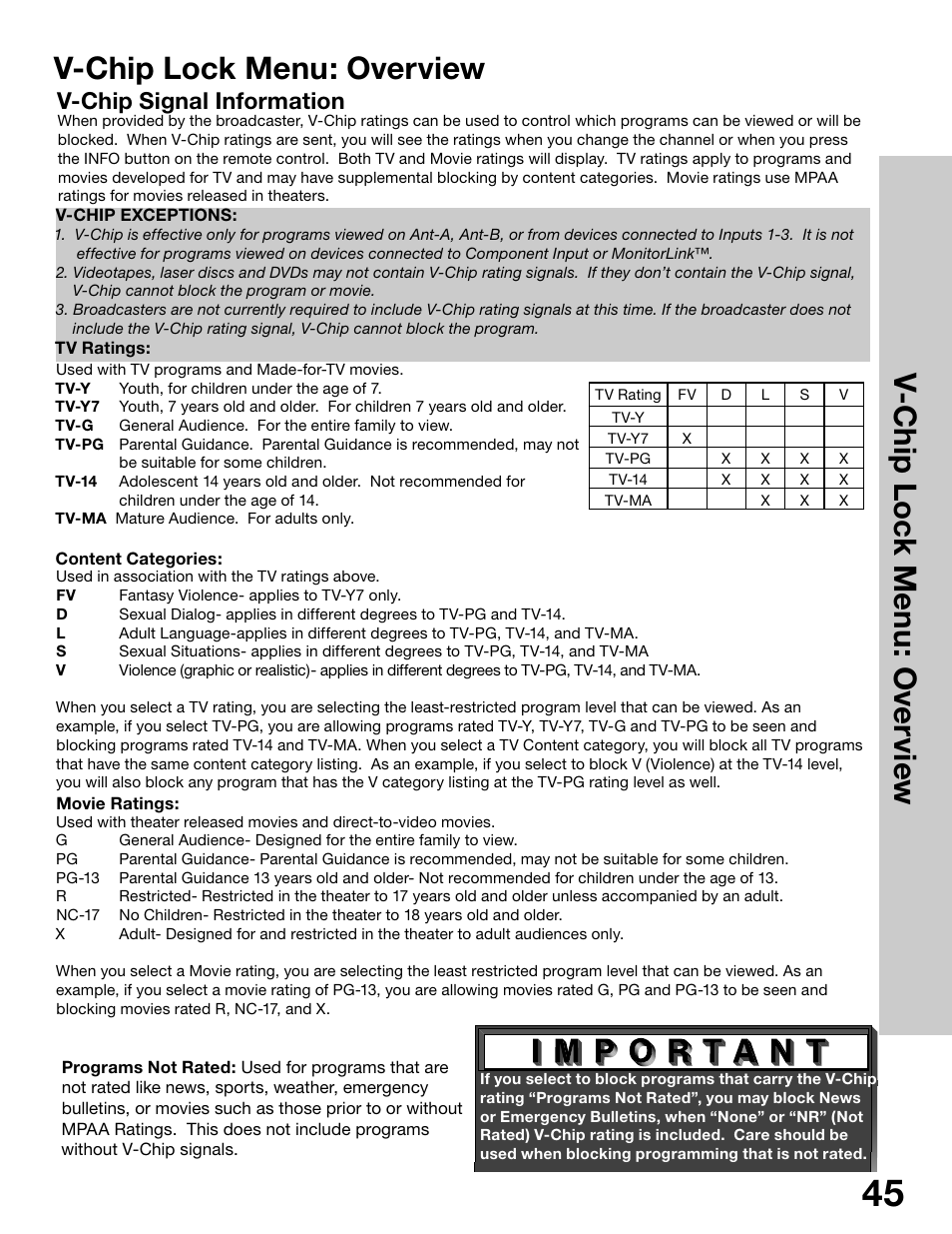 V-chip lock menu: overview, V-c h ip l o ck m en u : o ve rv ie w, V-chip signal information | MITSUBISHI ELECTRIC WS-65315 User Manual | Page 45 / 76