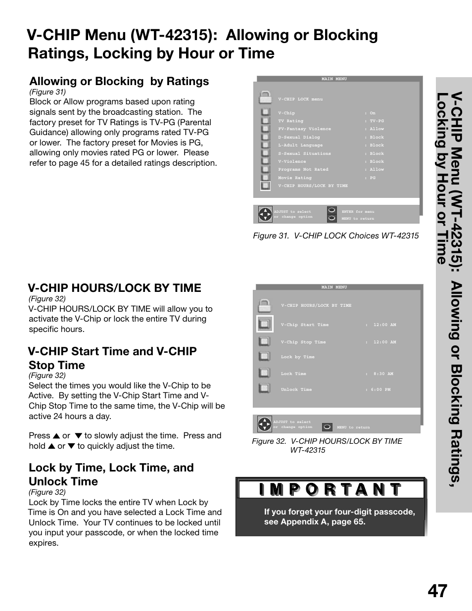 V-chip hours/lock by time, V-chip start time and v-chip stop time, Lock by time, lock time, and unlock time | Allowing or blocking by ratings | MITSUBISHI ELECTRIC WS-65315 User Manual | Page 47 / 76